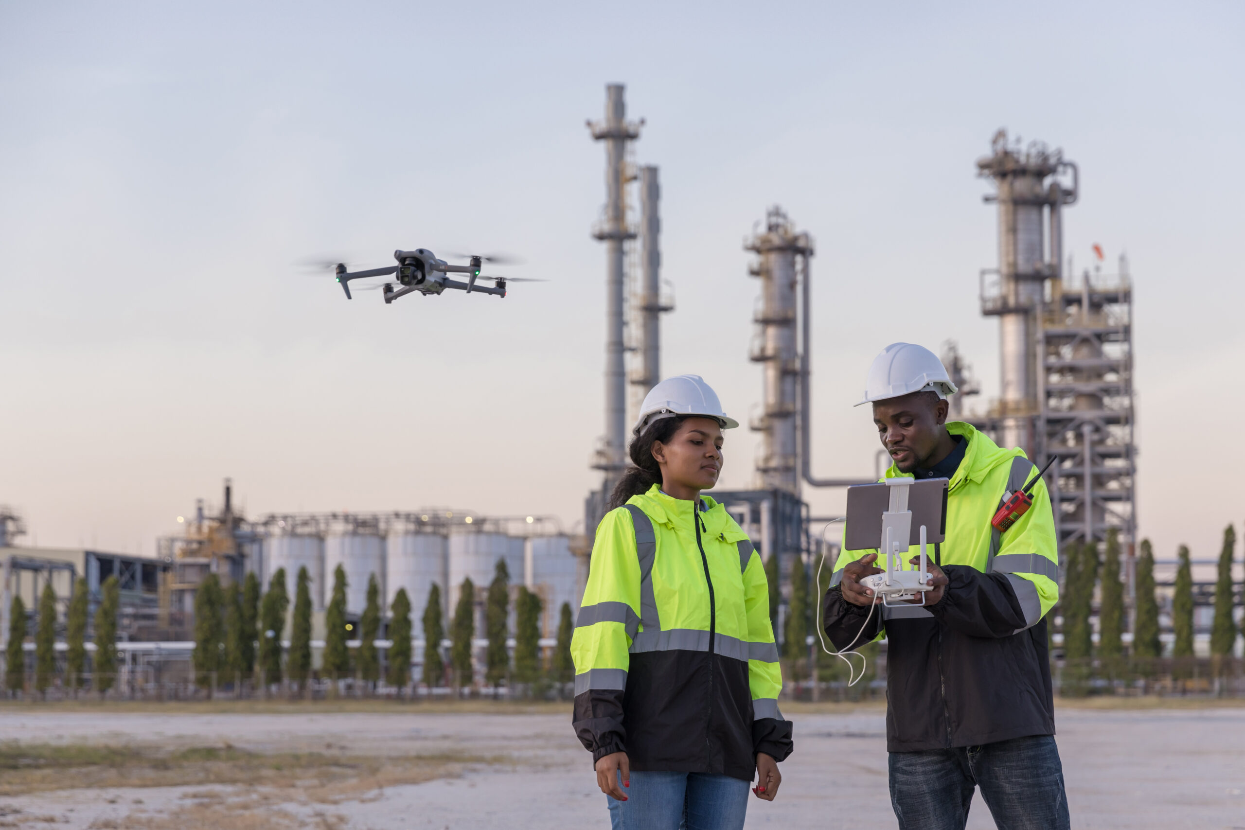 Engineer and surveyor team operating a mapping drone